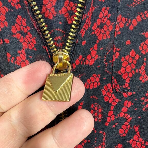 MICHAEL Michael Kors Medium Full Zip Shirt Crimson Black Floral Roll Tab Sleeves - Picture 8 of 11